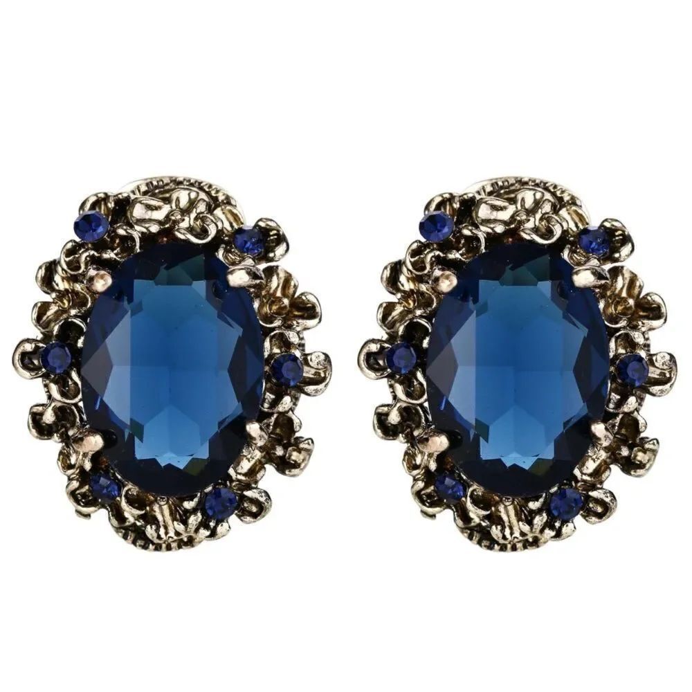 Antique Yellow Gold with Blue Sapphire Austrian Crystal Cameo Post Stud Earrings